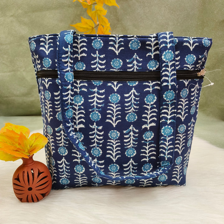 9Am to 5Pm tote blue with floral print