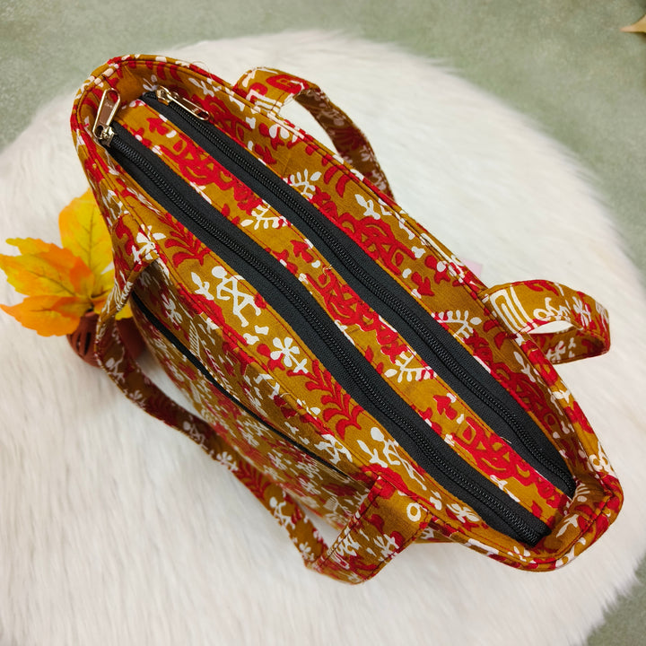 9Am to 5Pm tote yellow with warli print