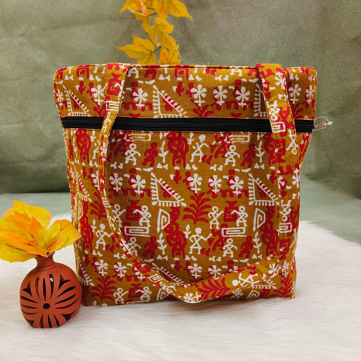 9Am to 5Pm tote yellow with warli print