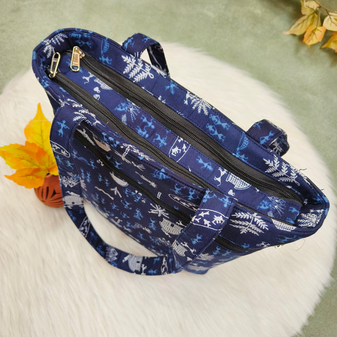 9Am to 5Pm tote blue with warli print