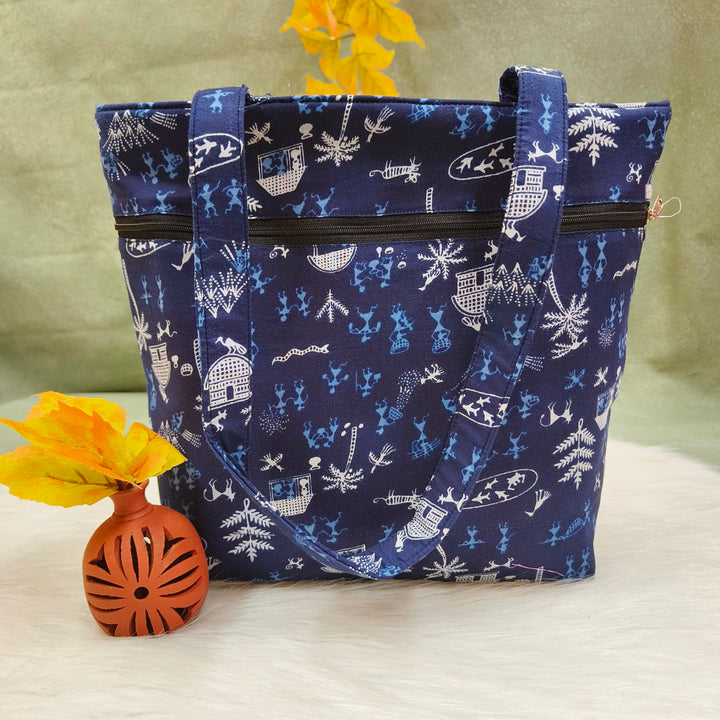 9Am to 5Pm tote blue with warli print