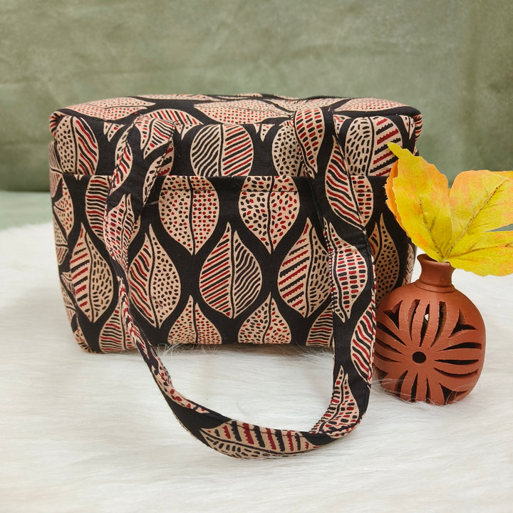 Water Proof Mini Lunch Bag Black with leaf dot print