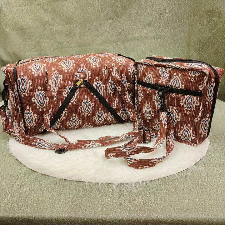 Expandable Travel Bag Brown with whit flower print