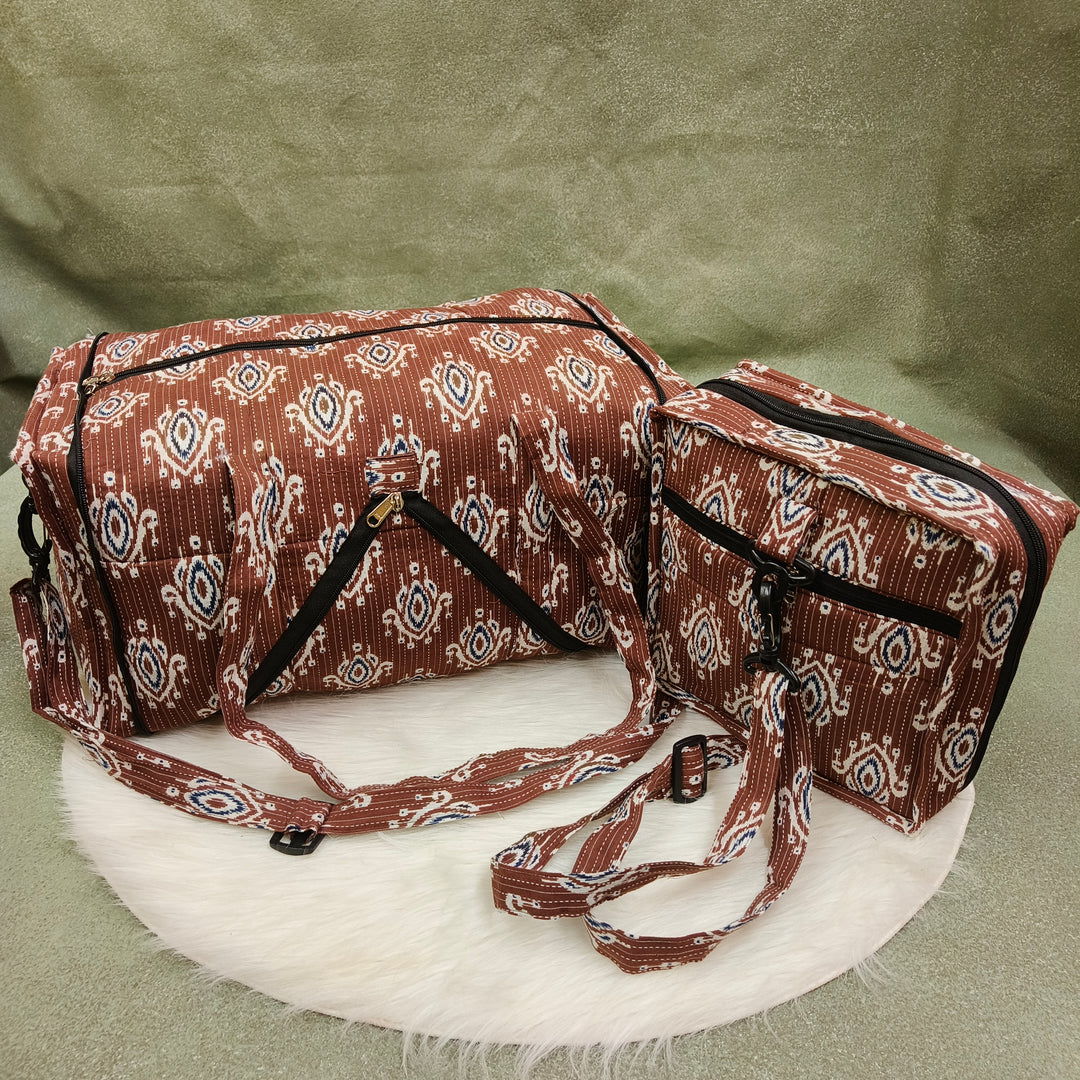 Expandable Travel Bag Brown with whit flower print