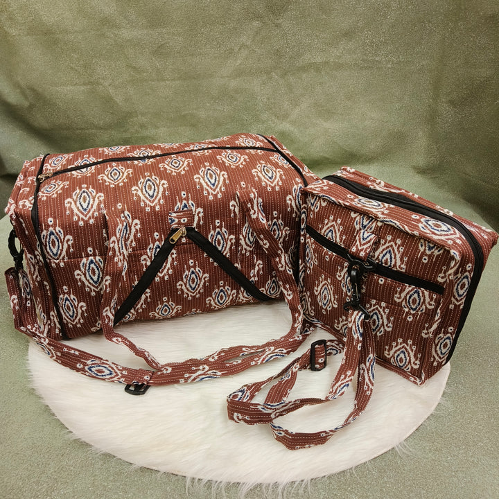 Expandable Travel Bag Brown with whit flower print