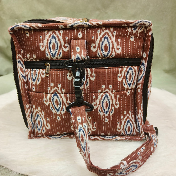 Expandable Travel Bag Brown with whit flower print