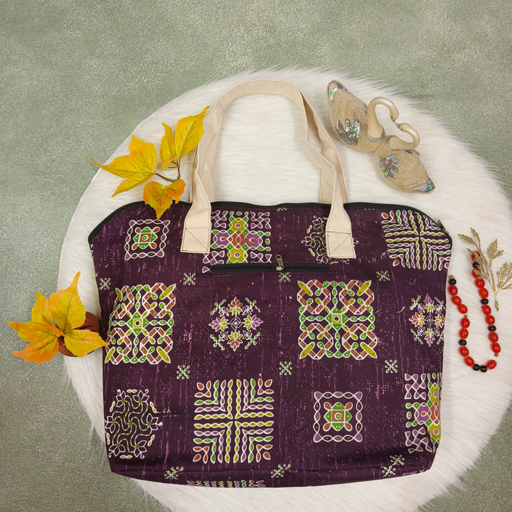 Shopper Tote Bag Violet with rangoli print