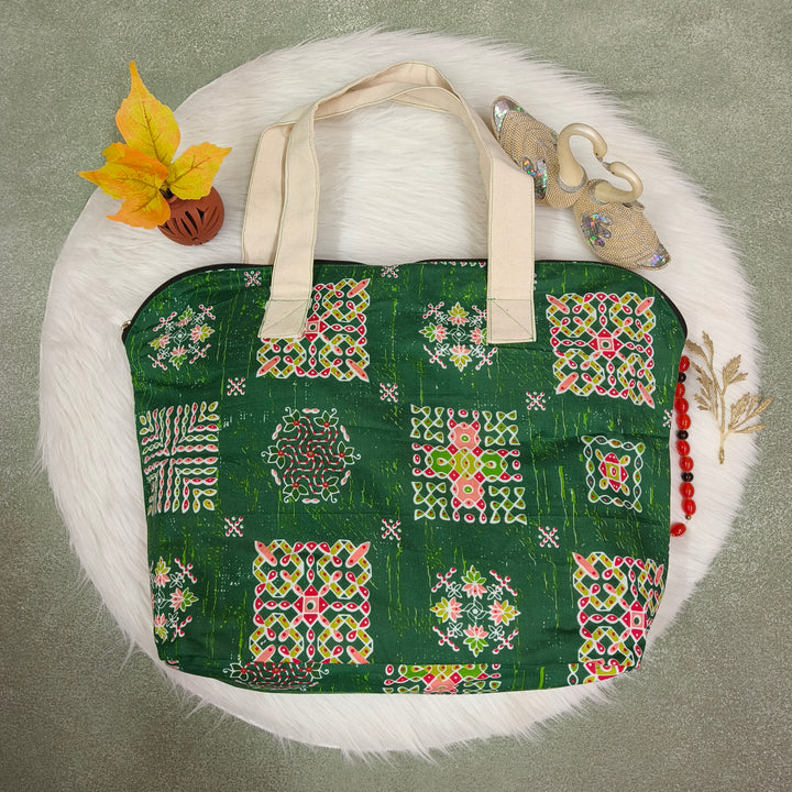 Shopper Tote Bag Green with rangoli print