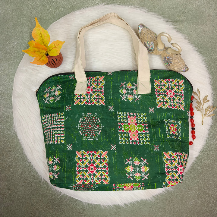 Shopper Tote Bag Green with rangoli print