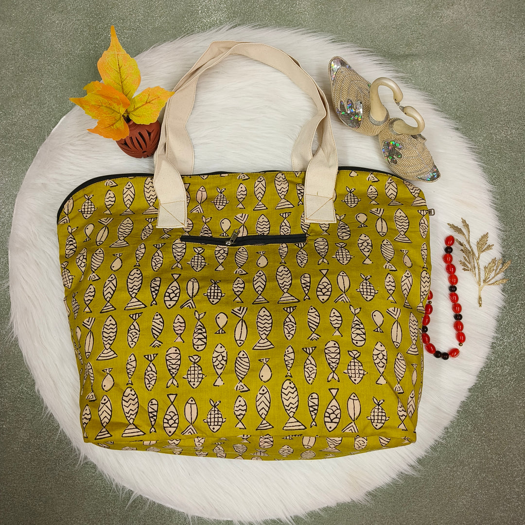 Shopper Tote Bag Green with fish print