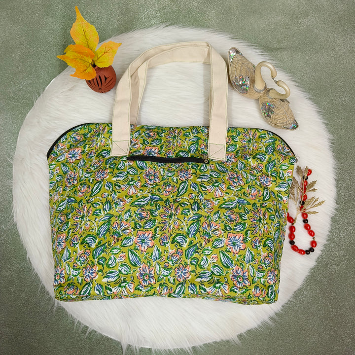 Shopper Tote Bag Green with flower print