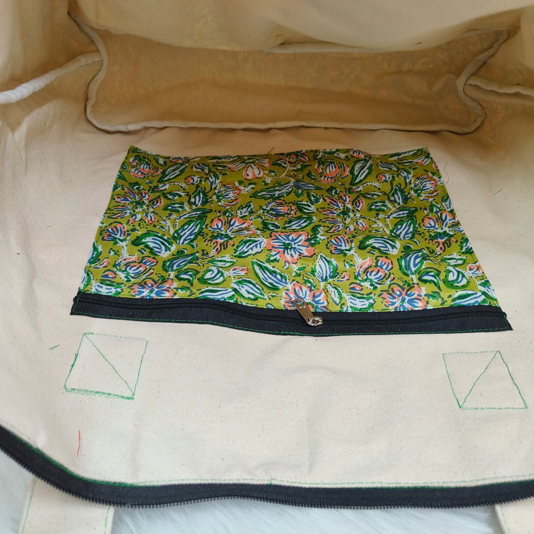 Shopper Tote Bag Green with flower print