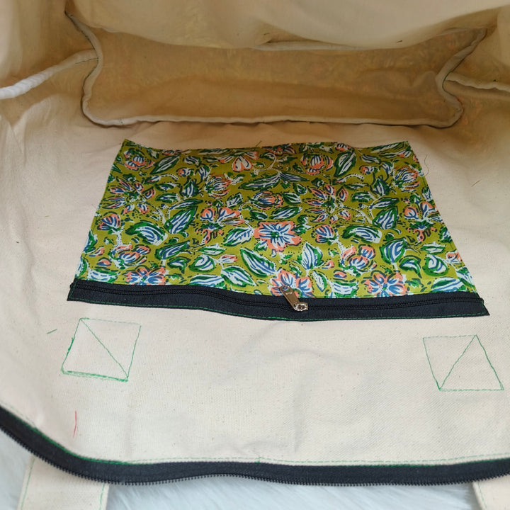 Shopper Tote Bag Green with flower print