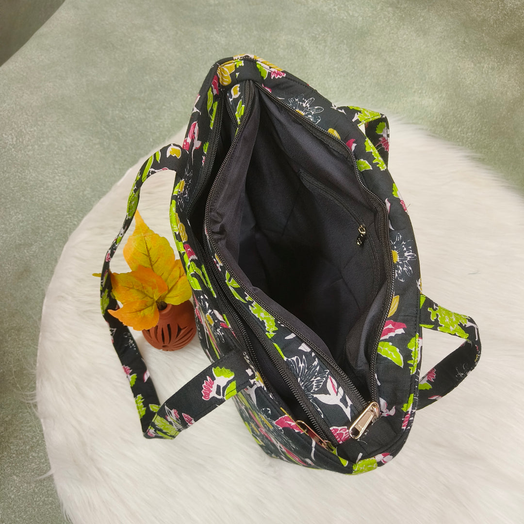 9Am to 5Pm tote black with multi color flower print