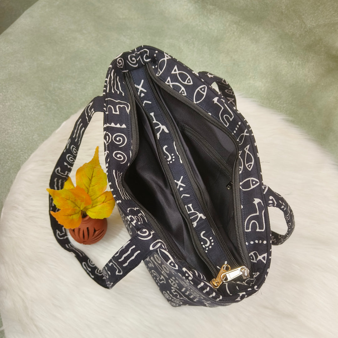 9Am to 5Pm tote black with fish print