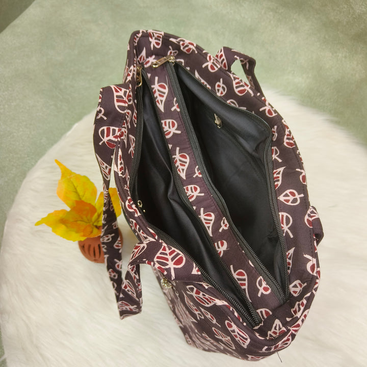 9Am to 5Pm tote brown with leaf print