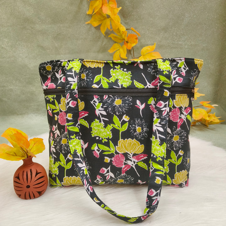 9Am to 5Pm tote black with multi color flower print