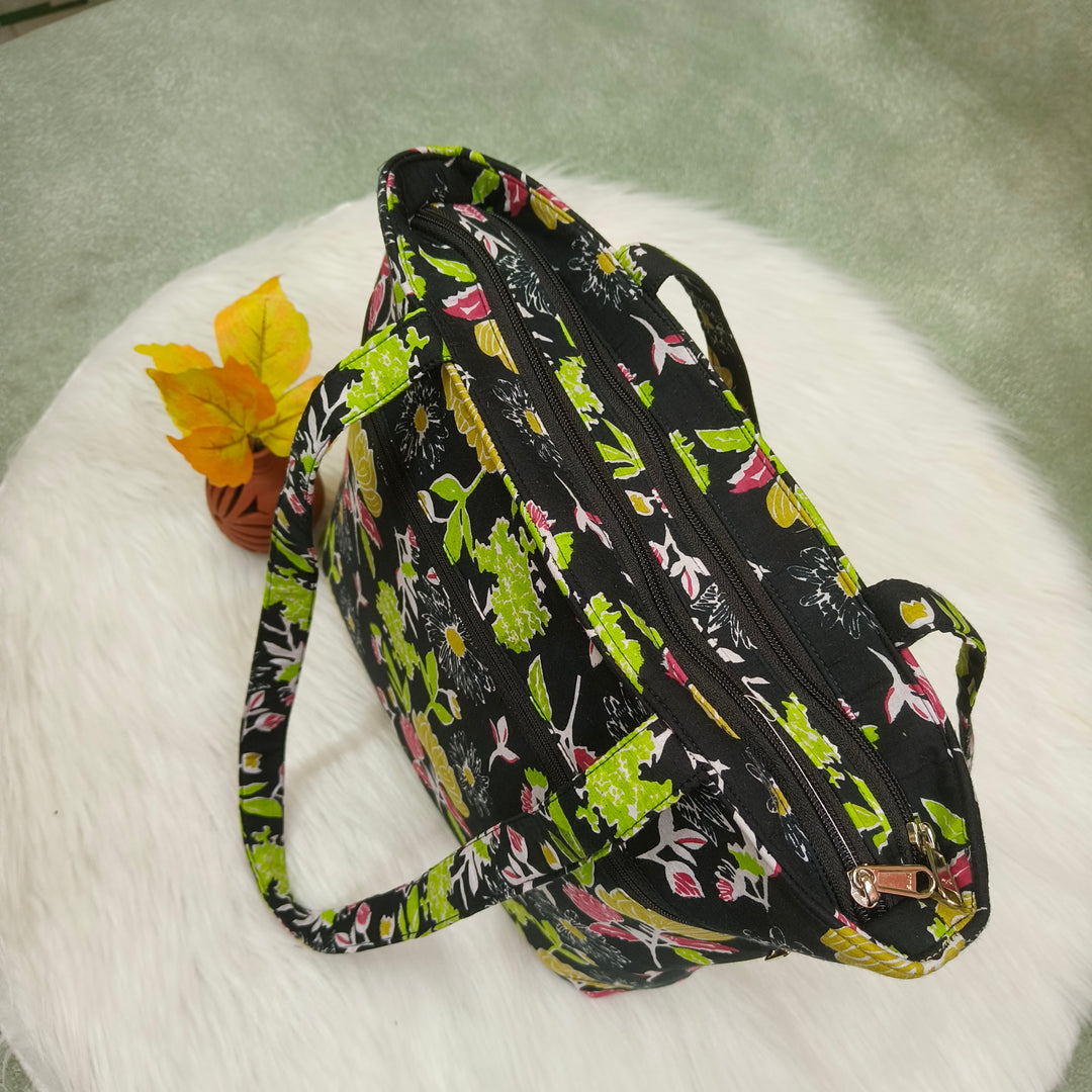 9Am to 5Pm tote black with multi color flower print