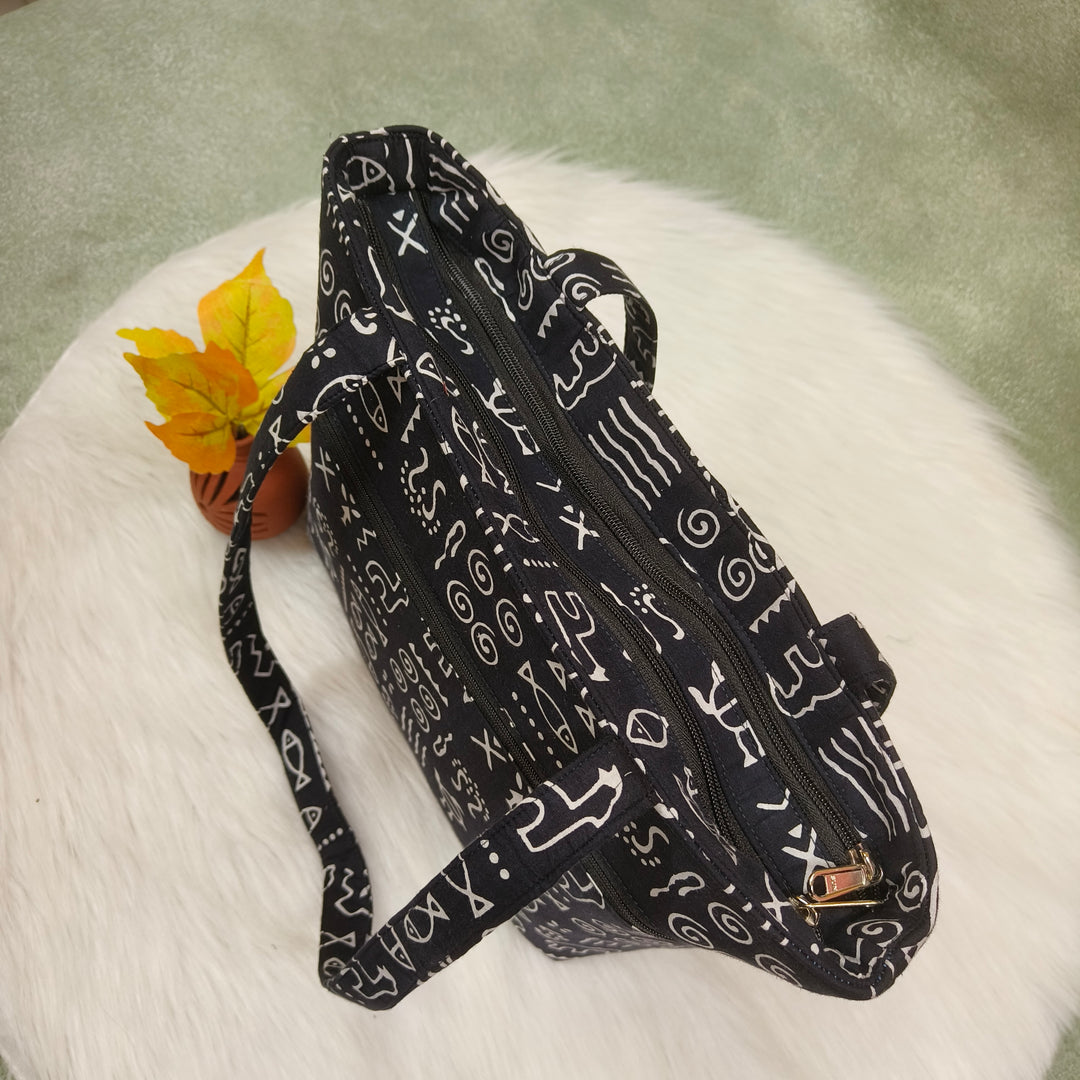 9Am to 5Pm tote black with fish print