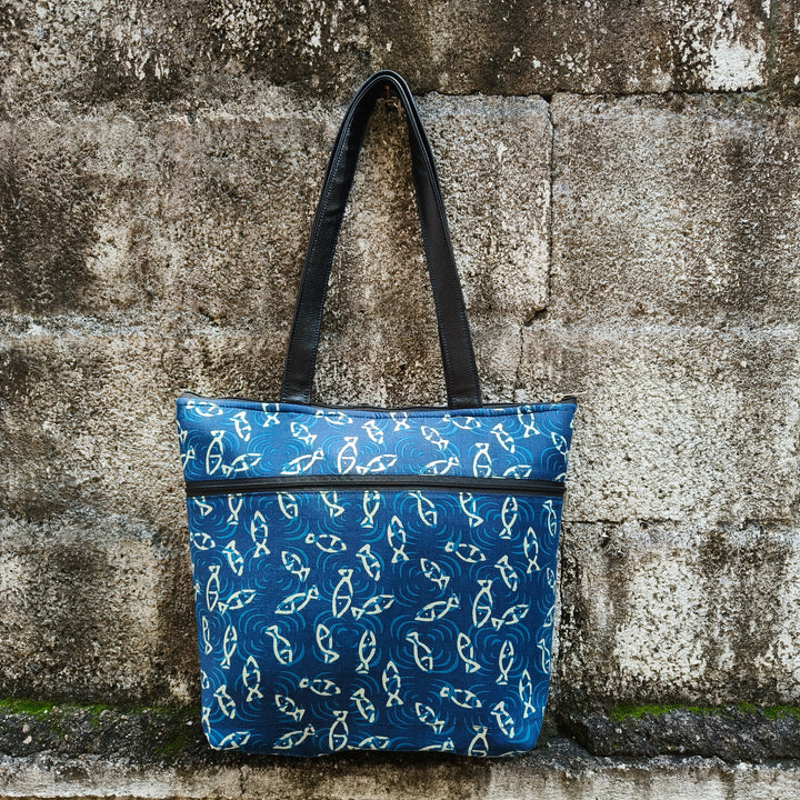 Tote with Bottle Holder blue with fish print