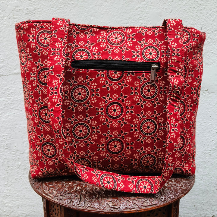 9Am to 5Pm tote red with circle jaipur print