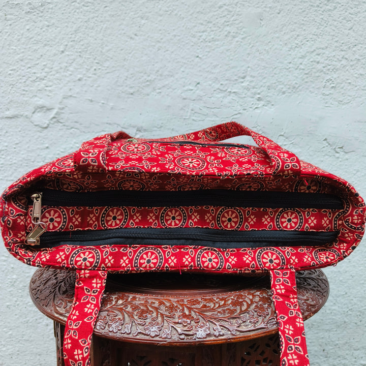 9Am to 5Pm tote red with circle jaipur print