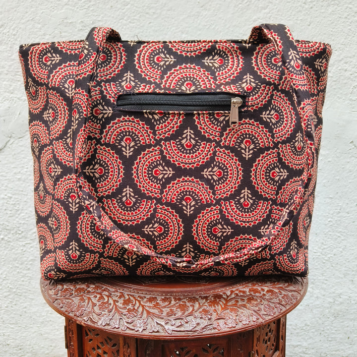 9Am to 5Pm tote black with red floral  circle print