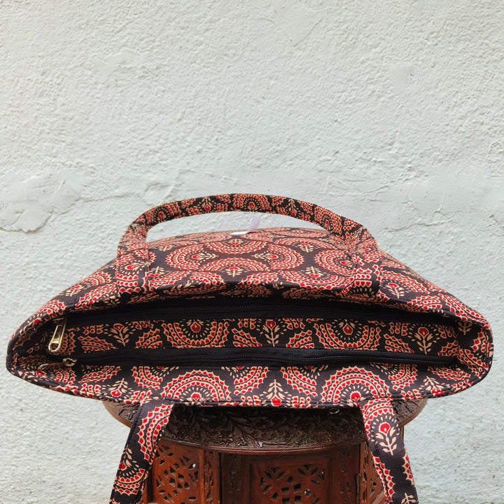 9Am to 5Pm tote black with red floral  circle print