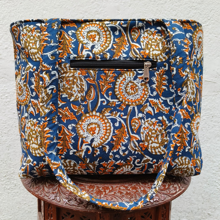 9Am to 5Pm tote blue with yellow flower print