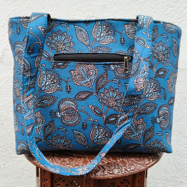 9Am to 5Pm tote blue with flower print