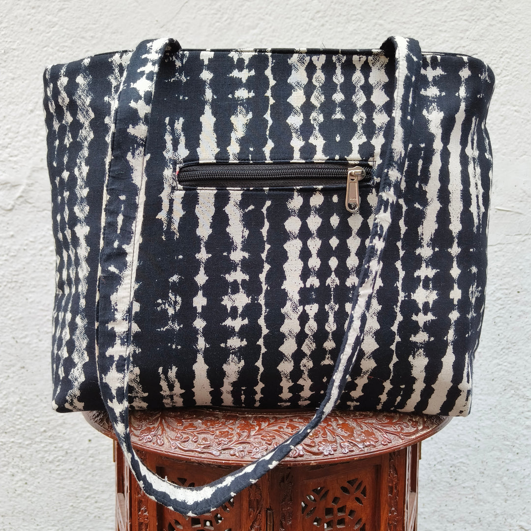 9Am to 5Pm tote black with strip print