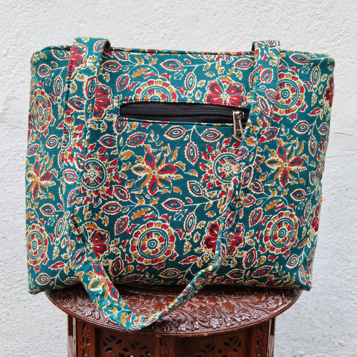 9Am to 5Pm tote green with red flower print