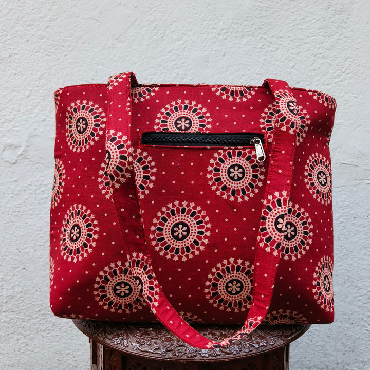 9Am to 5Pm tote red with jaipur print