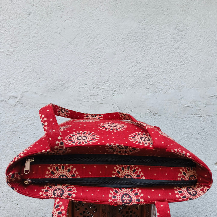 9Am to 5Pm tote red with jaipur print