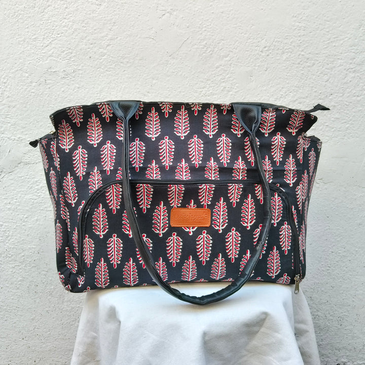 Versatile partition tote black with red leaf print