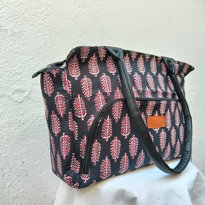 Versatile partition tote black with red leaf print