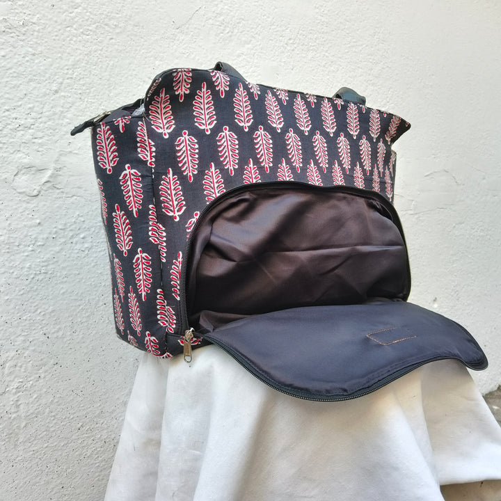 Versatile partition tote black with red leaf print