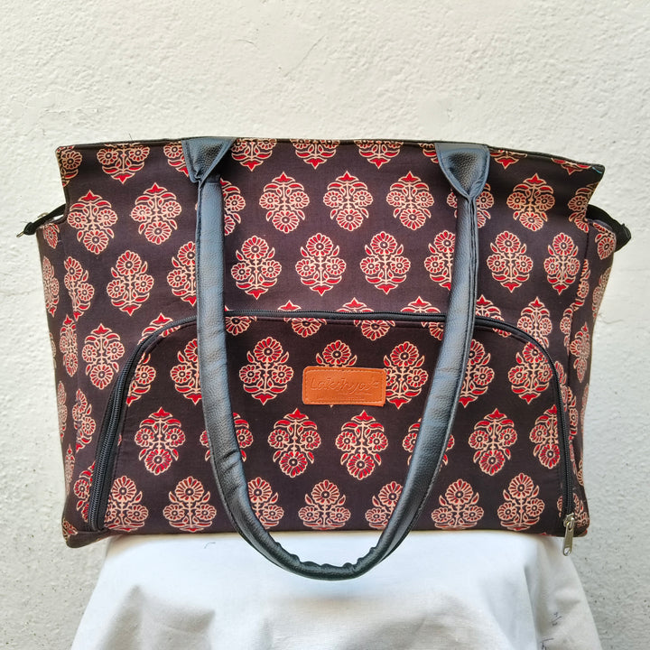 Versatile partition tote black with hand block print