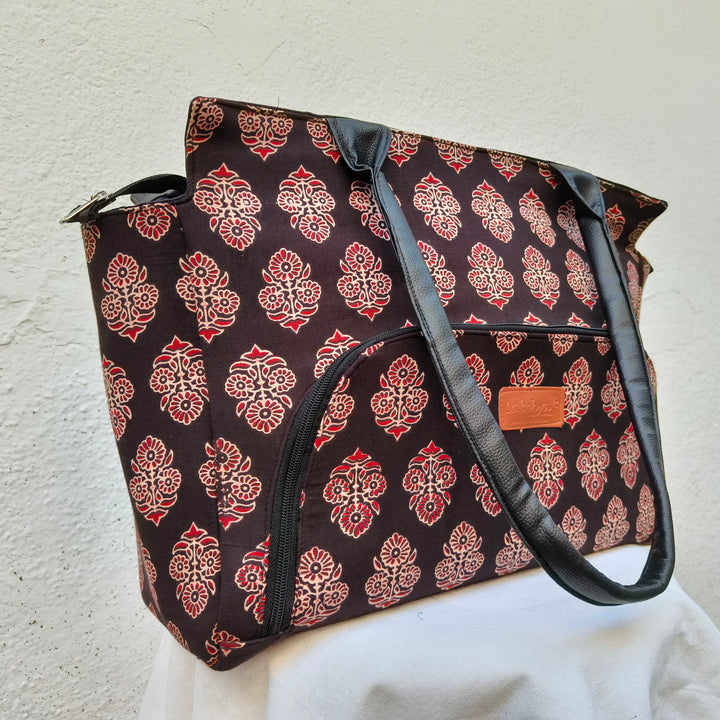 Versatile partition tote black with hand block print