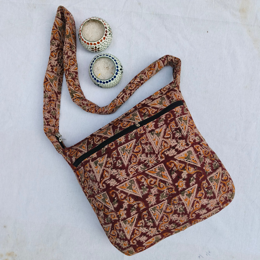 Jholna Sling With Key maroon with hand block print