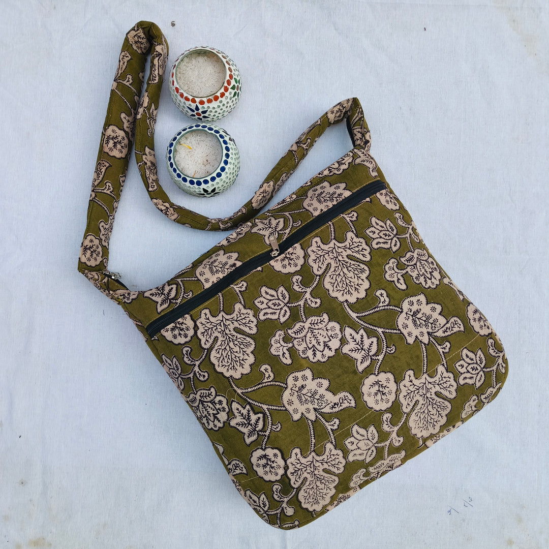 Jholna Sling With Key Holder Green with flower print