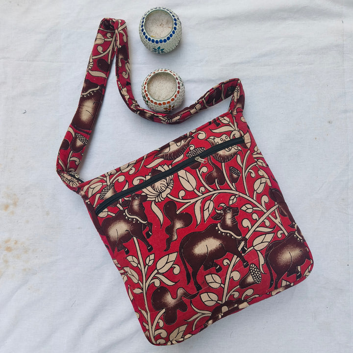 Jholna Sling With Key Holder Red with madhubani print