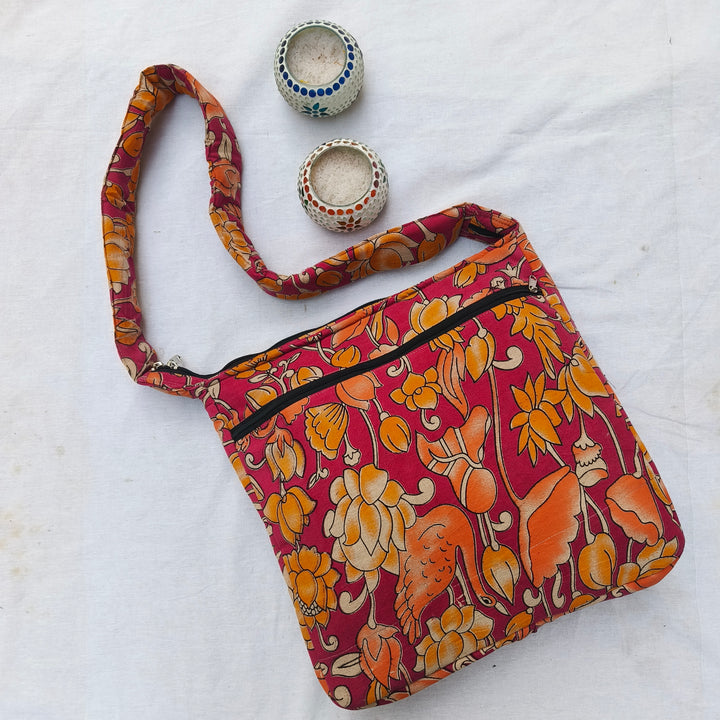 Jholna Sling With Key Holder orange with flower print