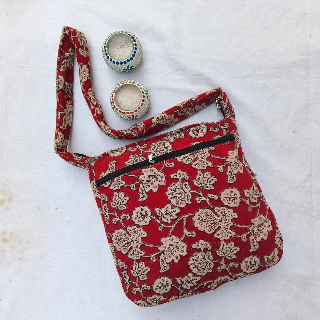 Jholna Sling With Key Holder Red with leaf print