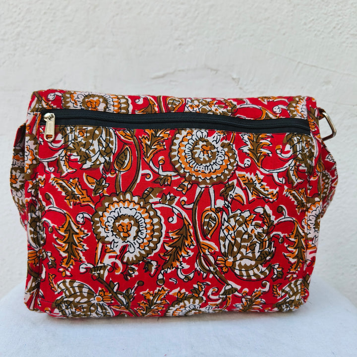 Multizipper Sling 4 Zips Red with multi color leaf print