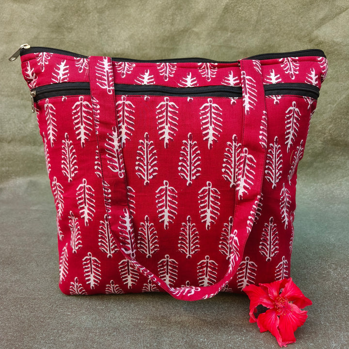 Medium Size Handbag Red with leaf print