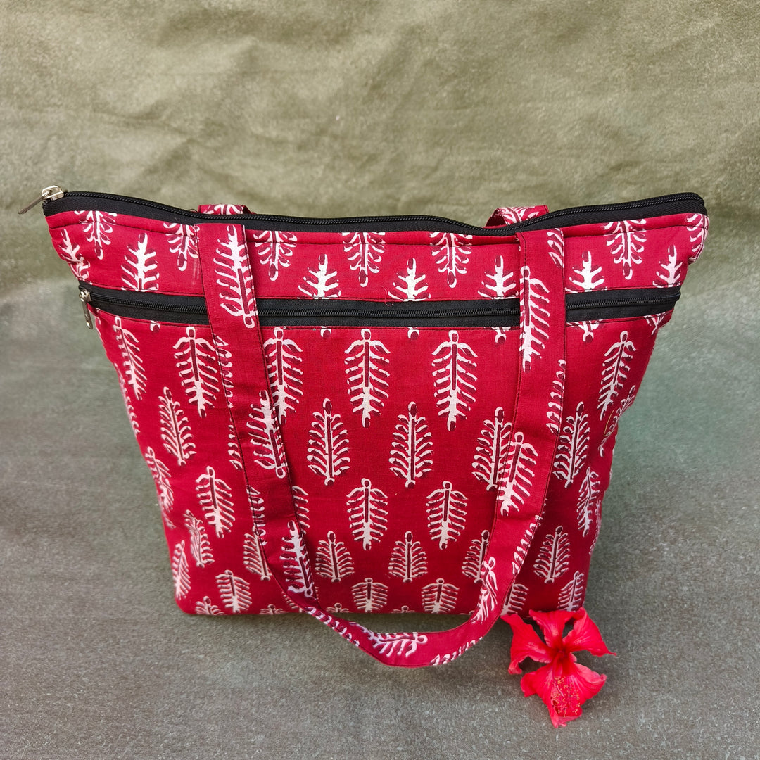 Medium Size Handbag Red with leaf print