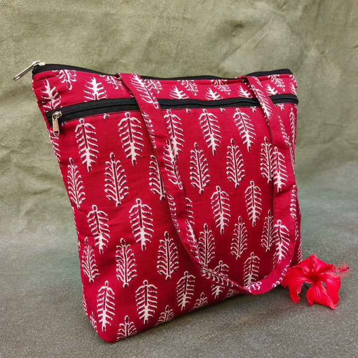 Medium Size Handbag Red with leaf print