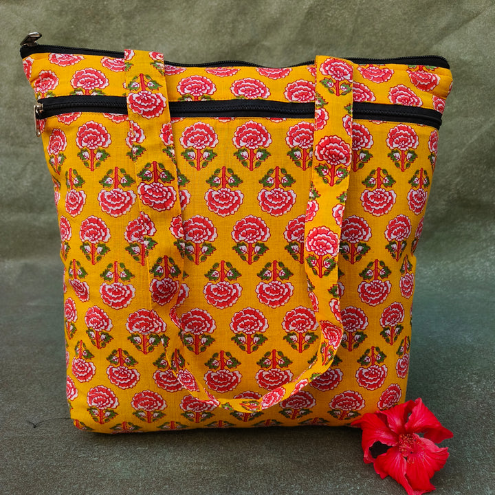 Medium Size Handbag yellow with pink flower print