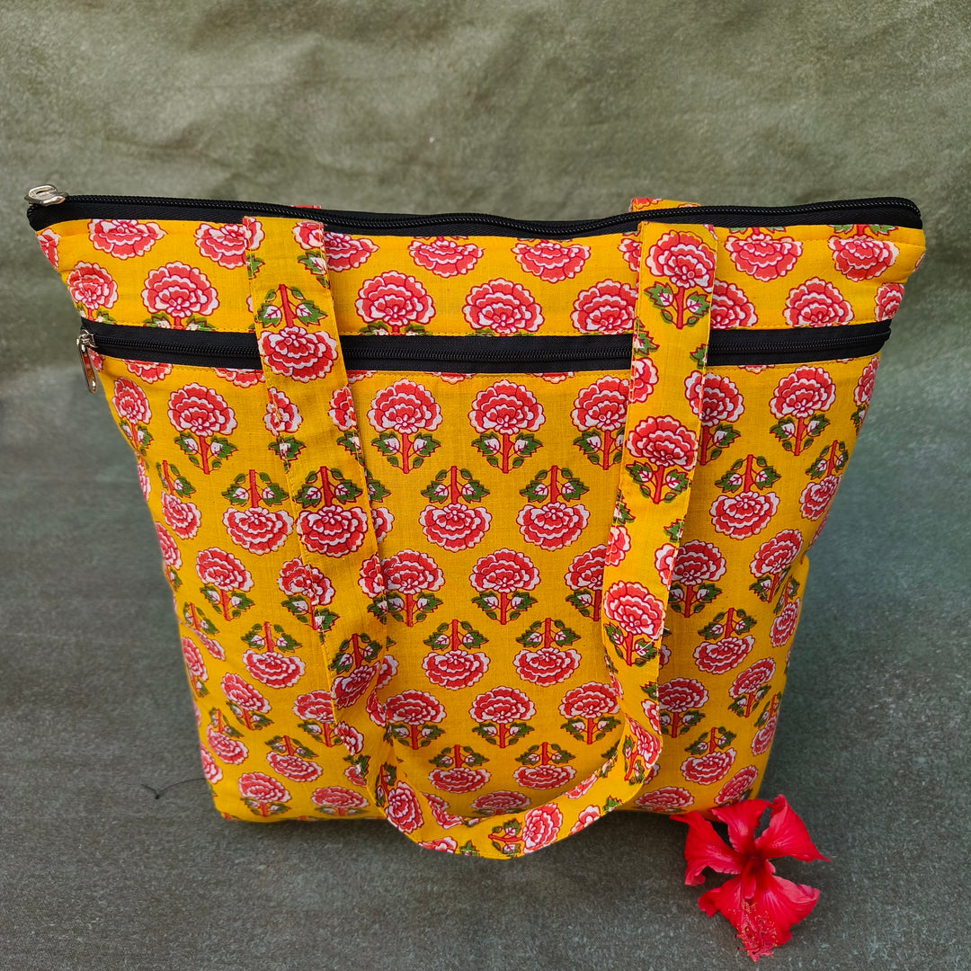 Medium Size Handbag yellow with pink flower print